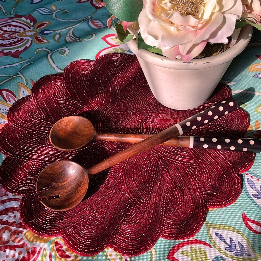 Mackenzie-Childs 2PC salad serving set in GUC-slight finish worn off after wash.